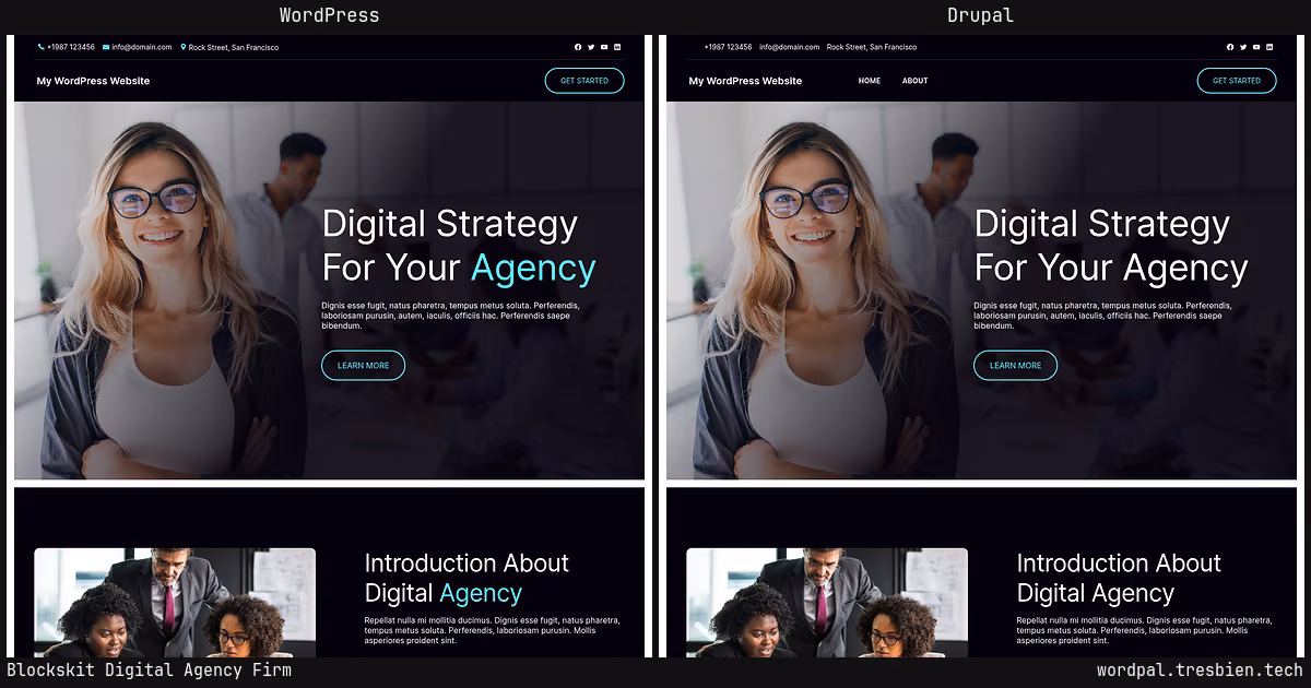 Blockskit Digital Agency Firm home page: WordPress original on the left, Drupal conversion by WordPal on the right. 20 elements differ.