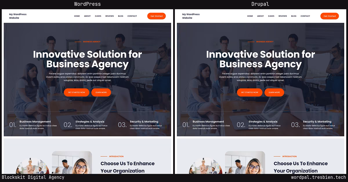 Blockskit Digital Agency home page: WordPress original on the left, Drupal conversion by WordPal on the right.