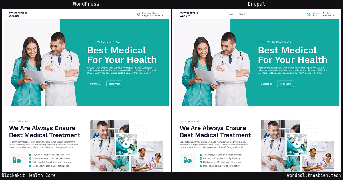 Blockskit Health Care home page: WordPress original on the left, Drupal conversion by WordPal on the right.