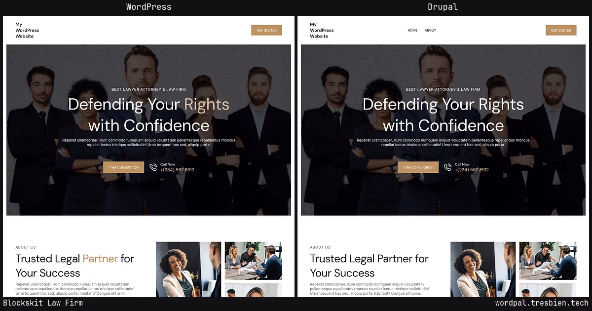 Blockskit Law Firm home page: WordPress original on the left, Drupal conversion by WordPal on the right. 15 elements differ.