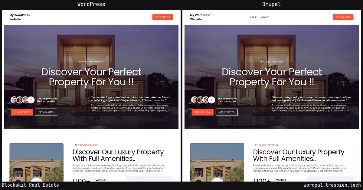 Blockskit Real Estate home page: WordPress original on the left, Drupal conversion by WordPal on the right. 8 elements differ.