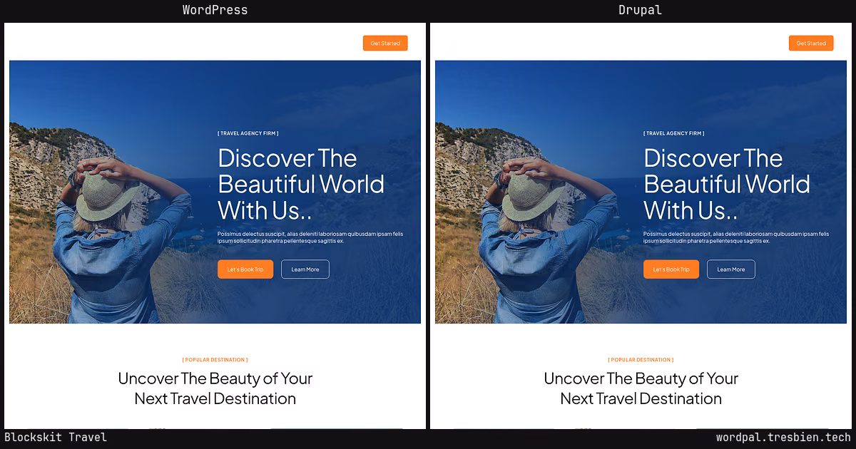 Blockskit Travel home page: WordPress original on the left, Drupal conversion by WordPal on the right. 10 elements differ.