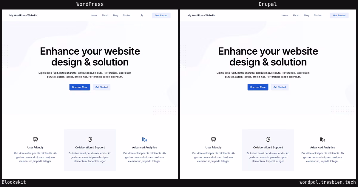 Blockskit home page: WordPress original on the left, Drupal conversion by WordPal on the right.