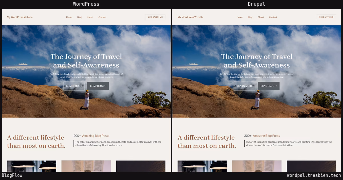 BlogFlow home page: WordPress original on the left, Drupal conversion by WordPal on the right. 1 elements differ.