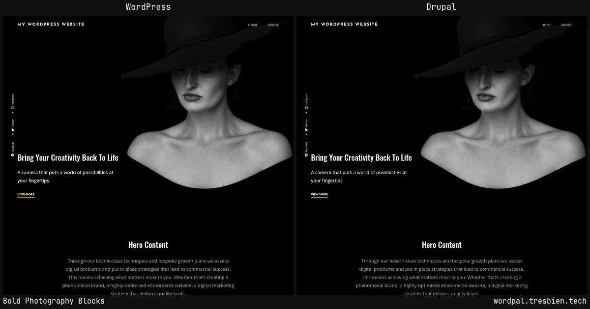 Bold Photography Blocks home page: WordPress original on the left, Drupal conversion by WordPal on the right. 2 elements differ.