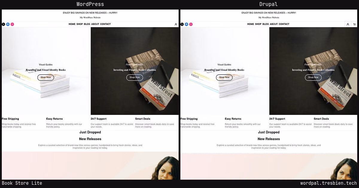 Book Store Lite home page: WordPress original on the left, Drupal conversion by WordPal on the right. 1 elements differ.