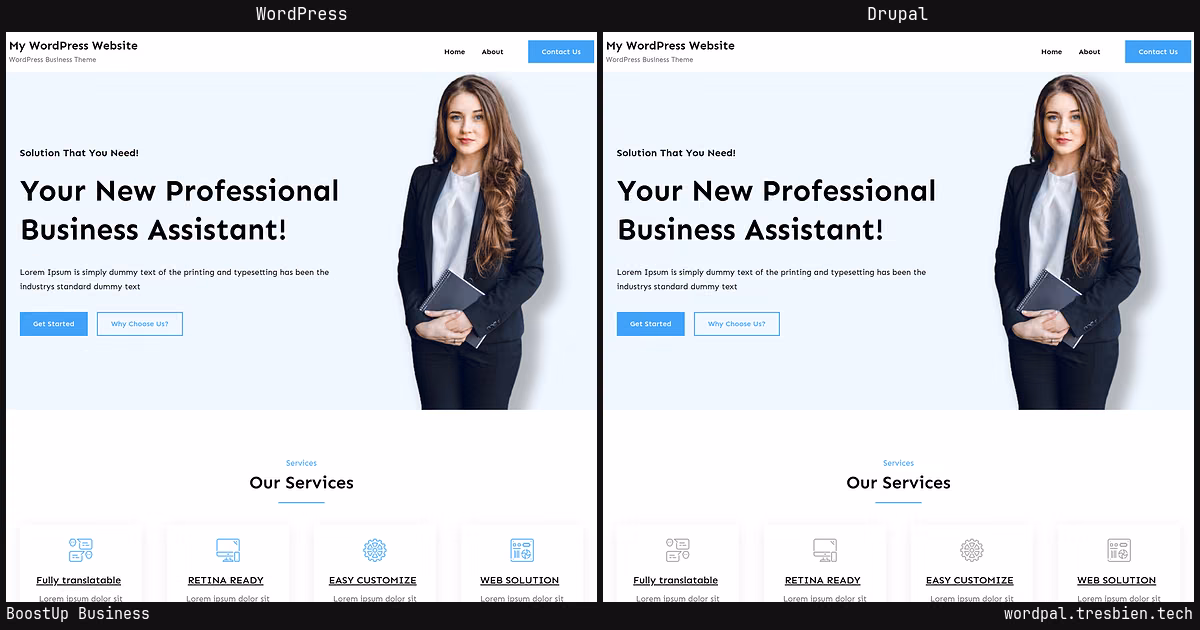 BoostUp Business home page: WordPress original on the left, Drupal conversion by WordPal on the right. 2 elements differ.