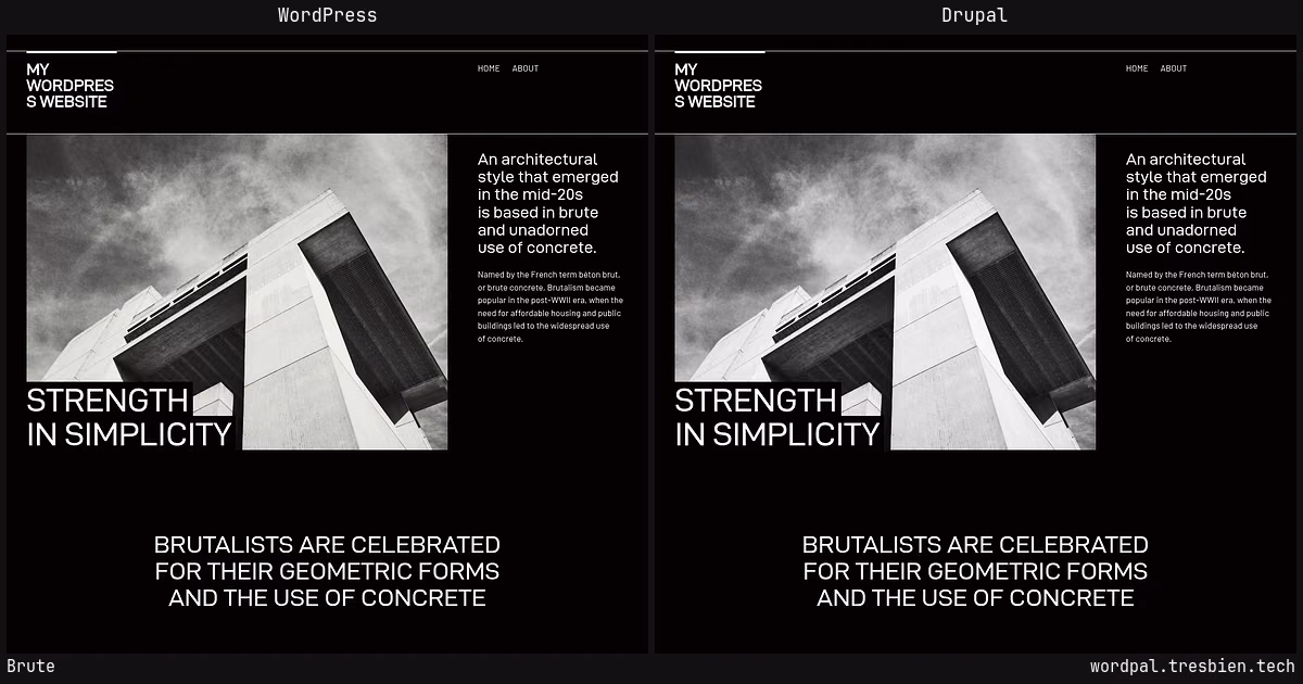 Brute home page: WordPress original on the left, Drupal conversion by WordPal on the right. 4 elements differ.