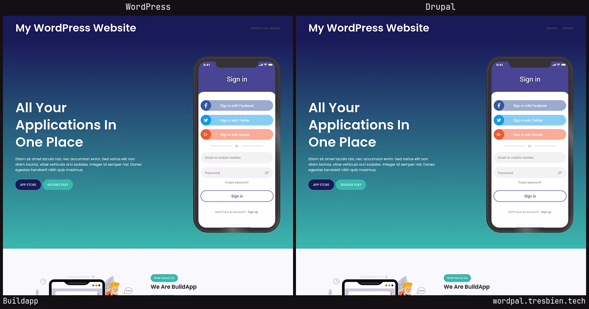 Buildapp home page: WordPress original on the left, Drupal conversion by WordPal on the right. 1 elements differ.
