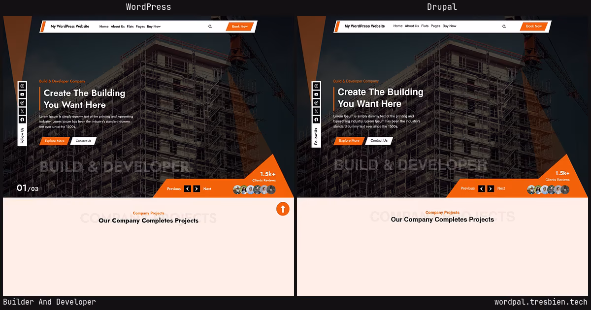 Builder And Developer home page: WordPress original on the left, Drupal conversion by WordPal on the right. 20 elements differ.