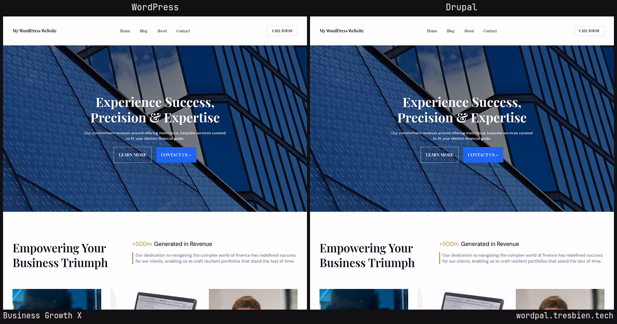 Business Growth X home page: WordPress original on the left, Drupal conversion by WordPal on the right.