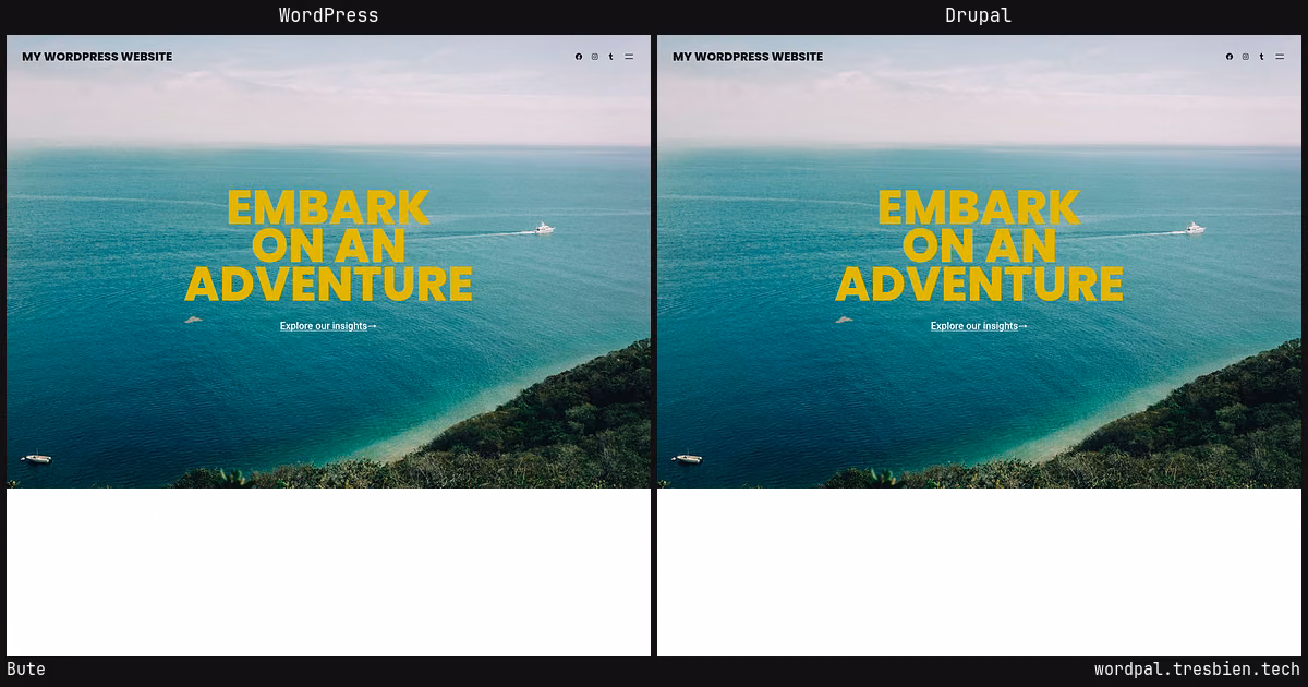 Bute home page: WordPress original on the left, Drupal conversion by WordPal on the right.