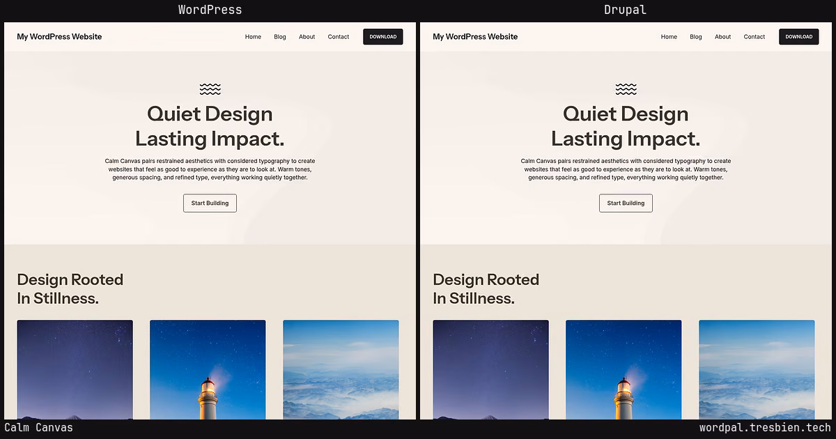 Calm Canvas home page: WordPress original on the left, Drupal conversion by WordPal on the right. 1 elements differ.