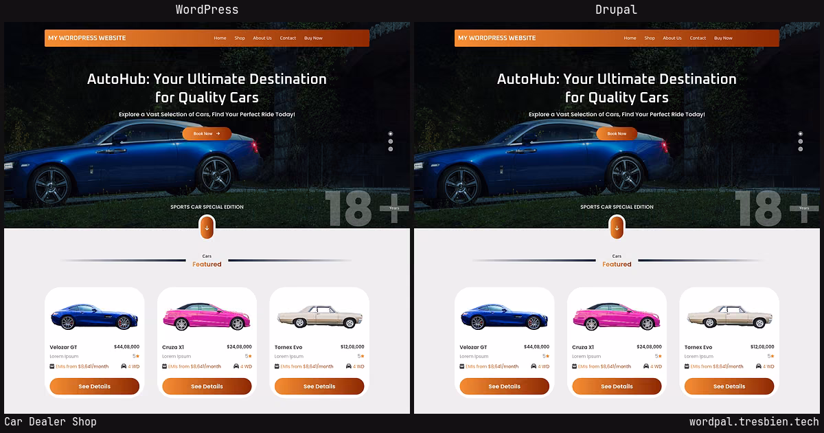 Car Dealer Shop home page: WordPress original on the left, Drupal conversion by WordPal on the right.