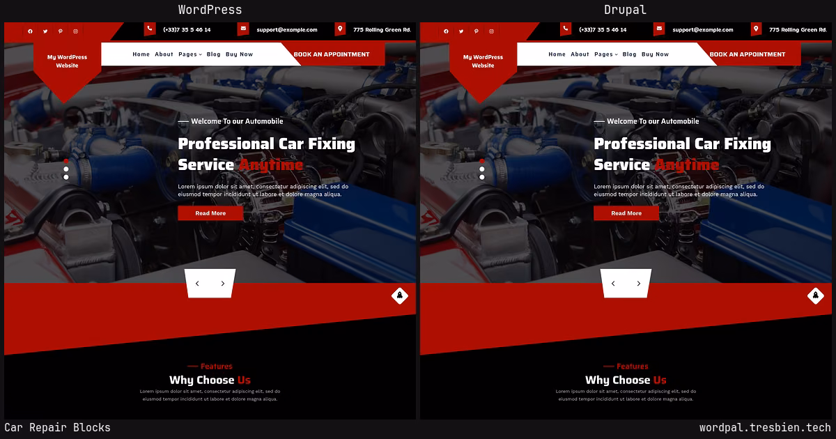 Car Repair Blocks home page: WordPress original on the left, Drupal conversion by WordPal on the right. 4 elements differ.