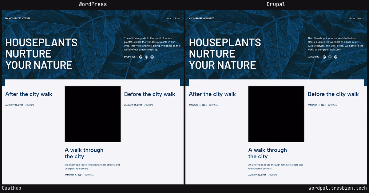 Casthub home page: WordPress original on the left, Drupal conversion by WordPal on the right. 1 elements differ.