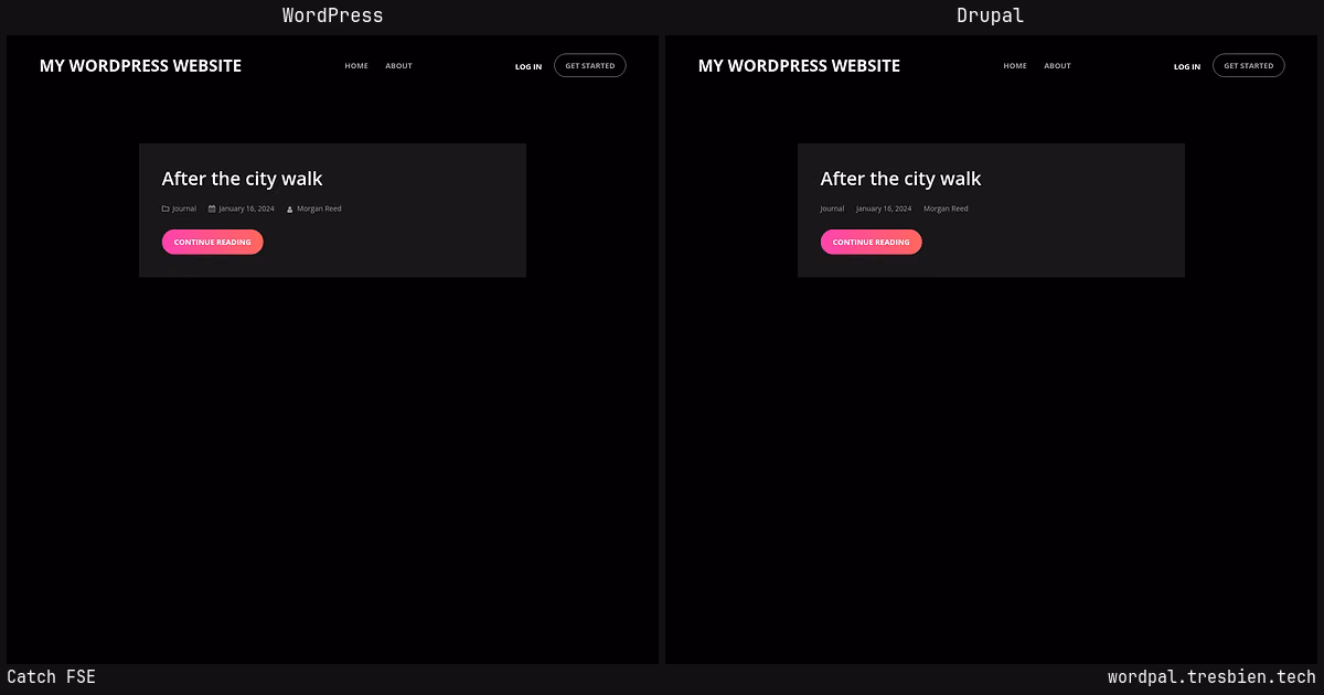Catch FSE home page: WordPress original on the left, Drupal conversion by WordPal on the right.