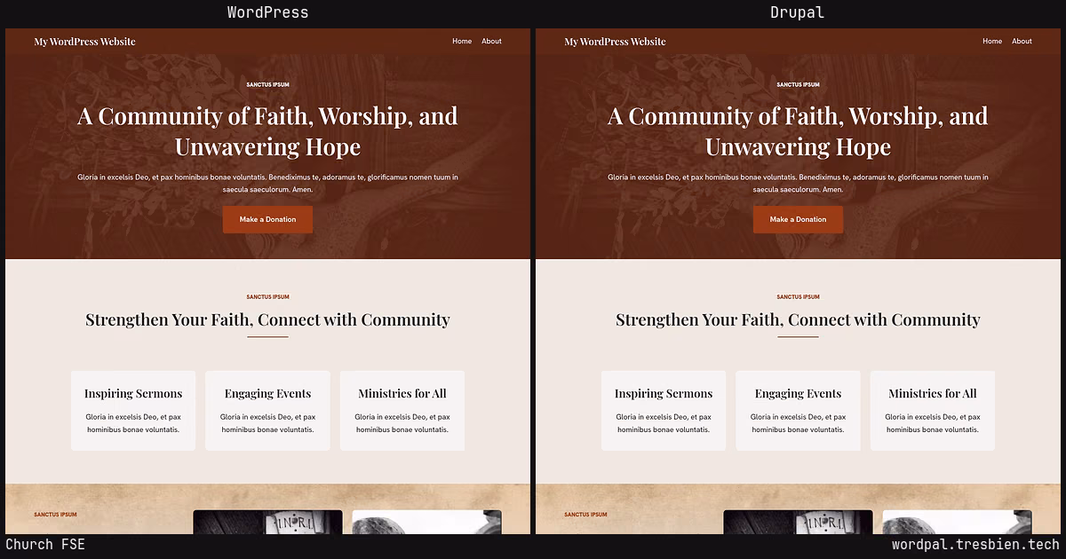 Church FSE home page: WordPress original on the left, Drupal conversion by WordPal on the right. 3 elements differ.