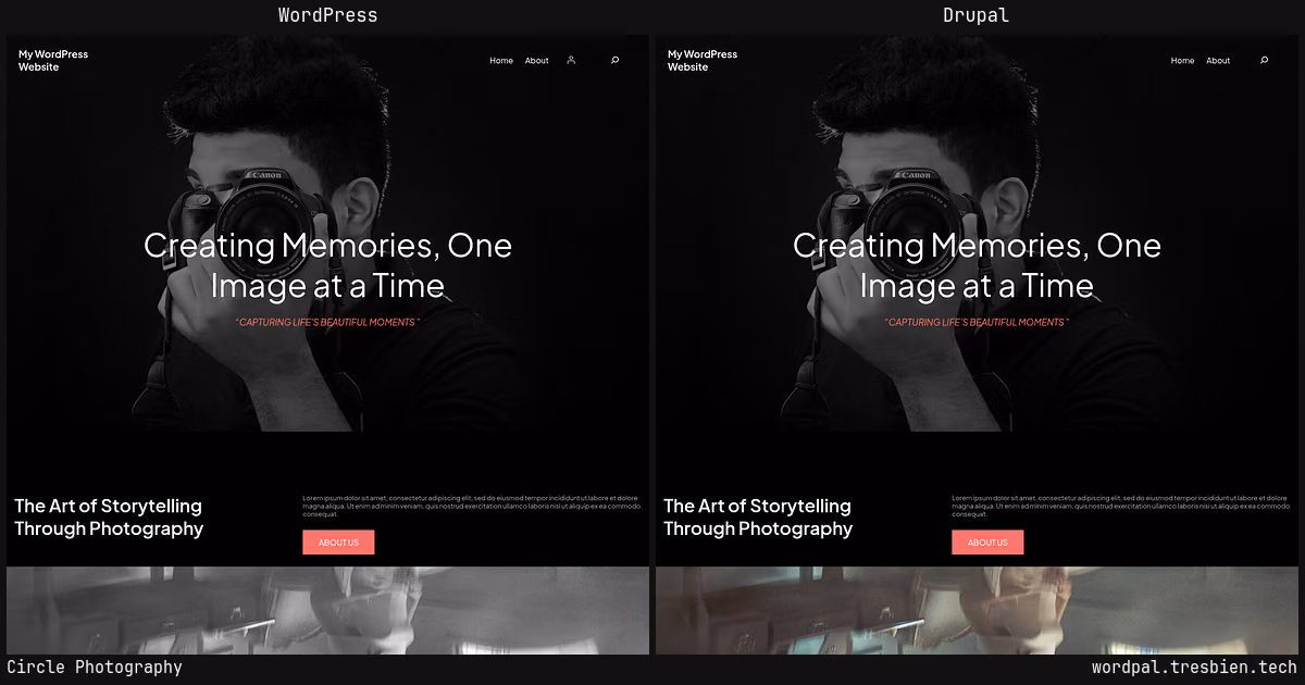 Circle Photography home page: WordPress original on the left, Drupal conversion by WordPal on the right. 4 elements differ.