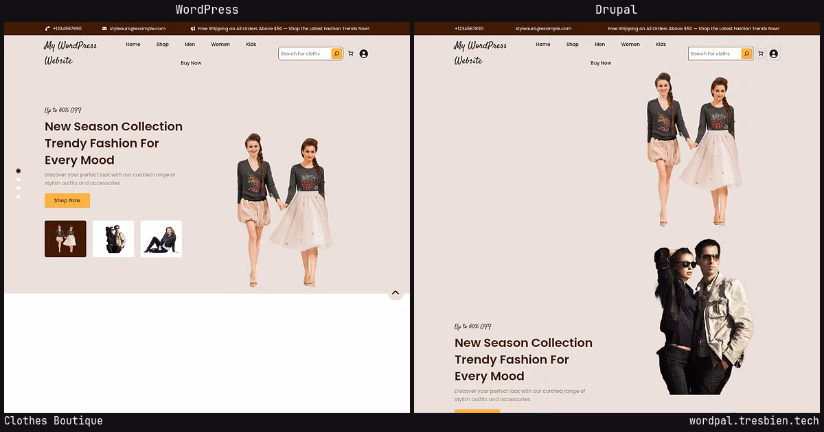 Clothes Boutique home page: WordPress original on the left, Drupal conversion by WordPal on the right. 15 elements differ.
