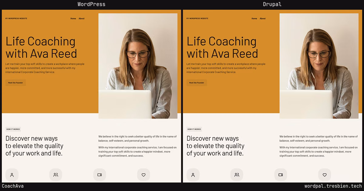 CoachAva home page: WordPress original on the left, Drupal conversion by WordPal on the right.