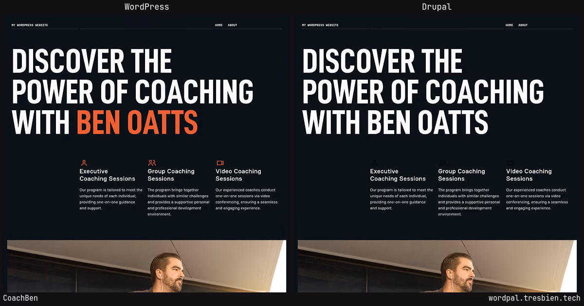 CoachBen home page: WordPress original on the left, Drupal conversion by WordPal on the right. 15 elements differ.