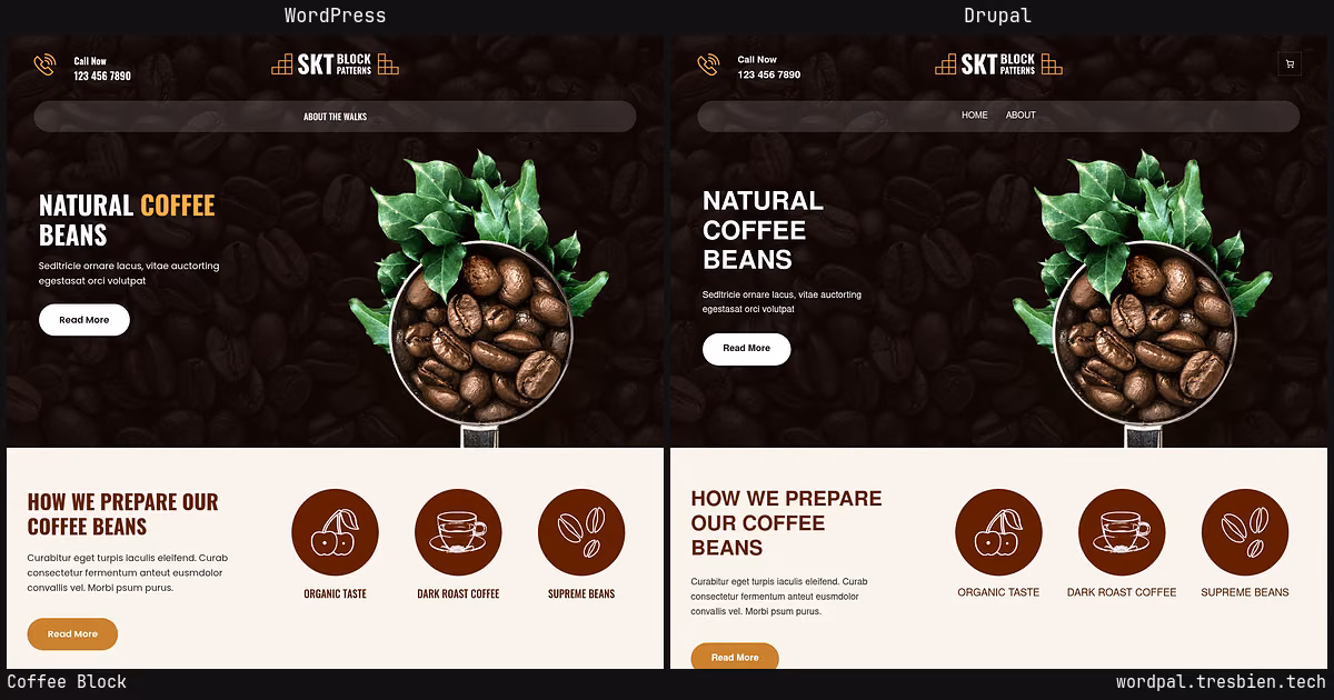 Coffee Block home page: WordPress original on the left, Drupal conversion by WordPal on the right. 4 elements differ.