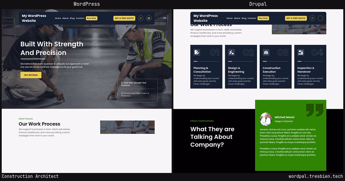 Construction Architect home page: WordPress original on the left, Drupal conversion by WordPal on the right. 9 elements differ.