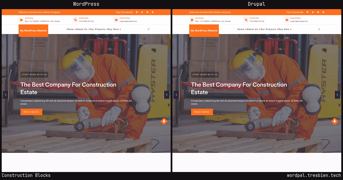Construction Blocks home page: WordPress original on the left, Drupal conversion by WordPal on the right.