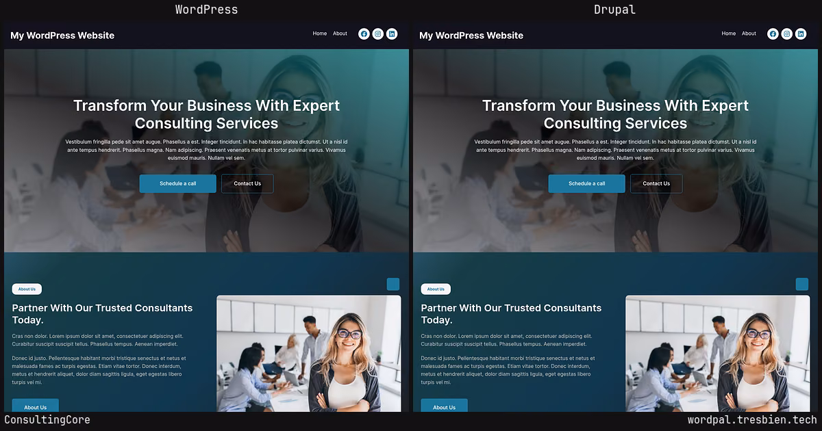ConsultingCore home page: WordPress original on the left, Drupal conversion by WordPal on the right. 8 elements differ.