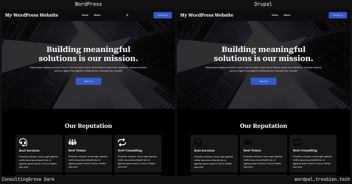 ConsultingGrove Dark home page: WordPress original on the left, Drupal conversion by WordPal on the right. 13 elements differ.