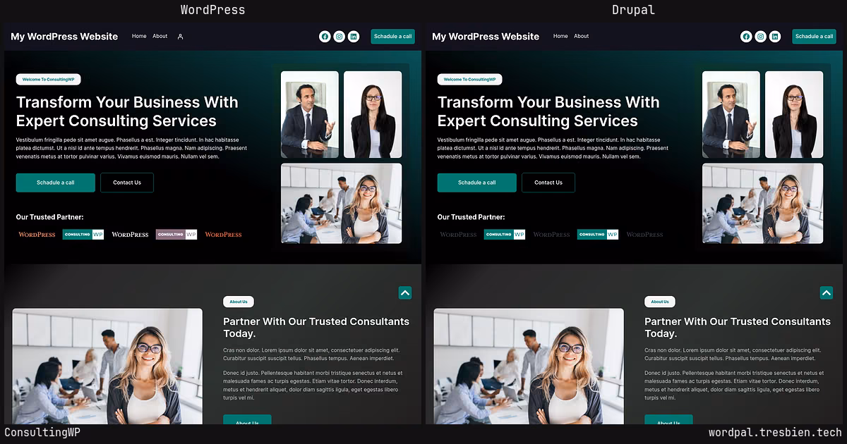 ConsultingWP home page: WordPress original on the left, Drupal conversion by WordPal on the right. 14 elements differ.