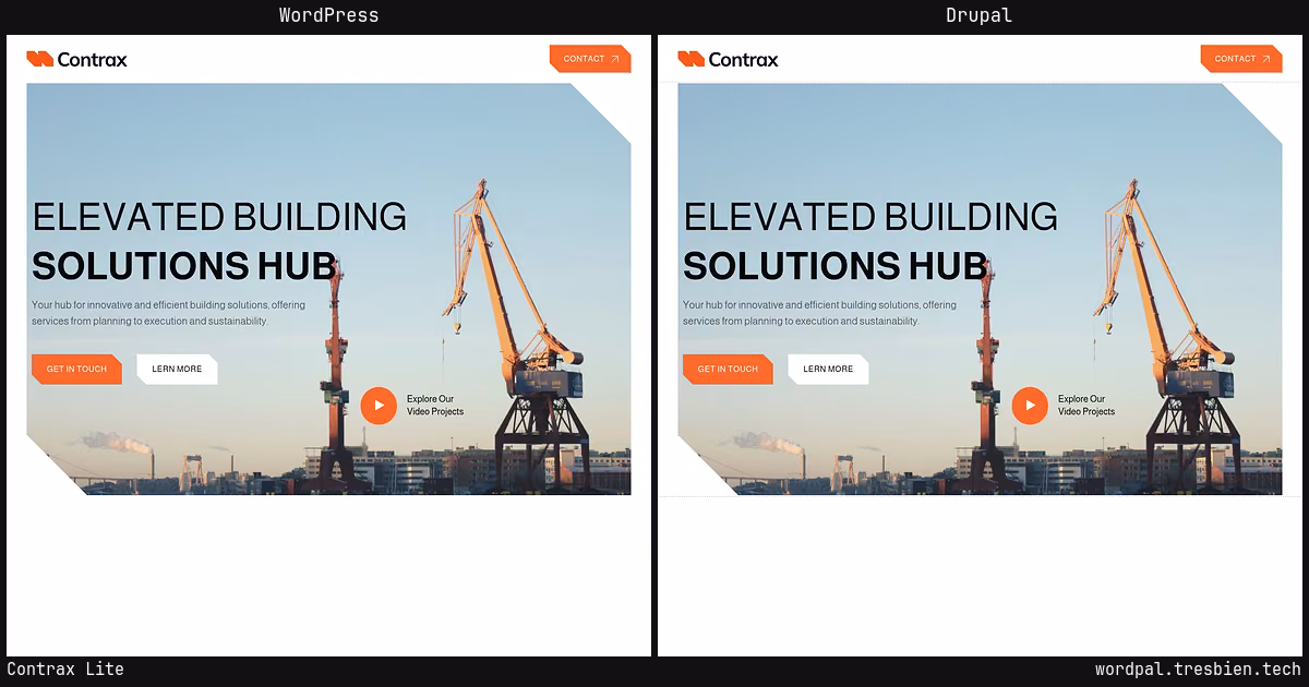 Contrax Lite home page: WordPress original on the left, Drupal conversion by WordPal on the right. 7 elements differ.