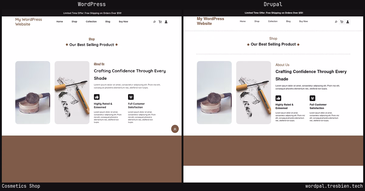 Cosmetics Shop home page: WordPress original on the left, Drupal conversion by WordPal on the right. 9 elements differ.