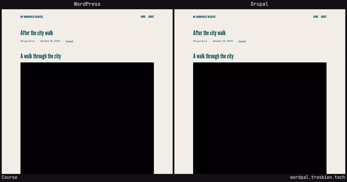 Course home page: WordPress original on the left, Drupal conversion by WordPal on the right.