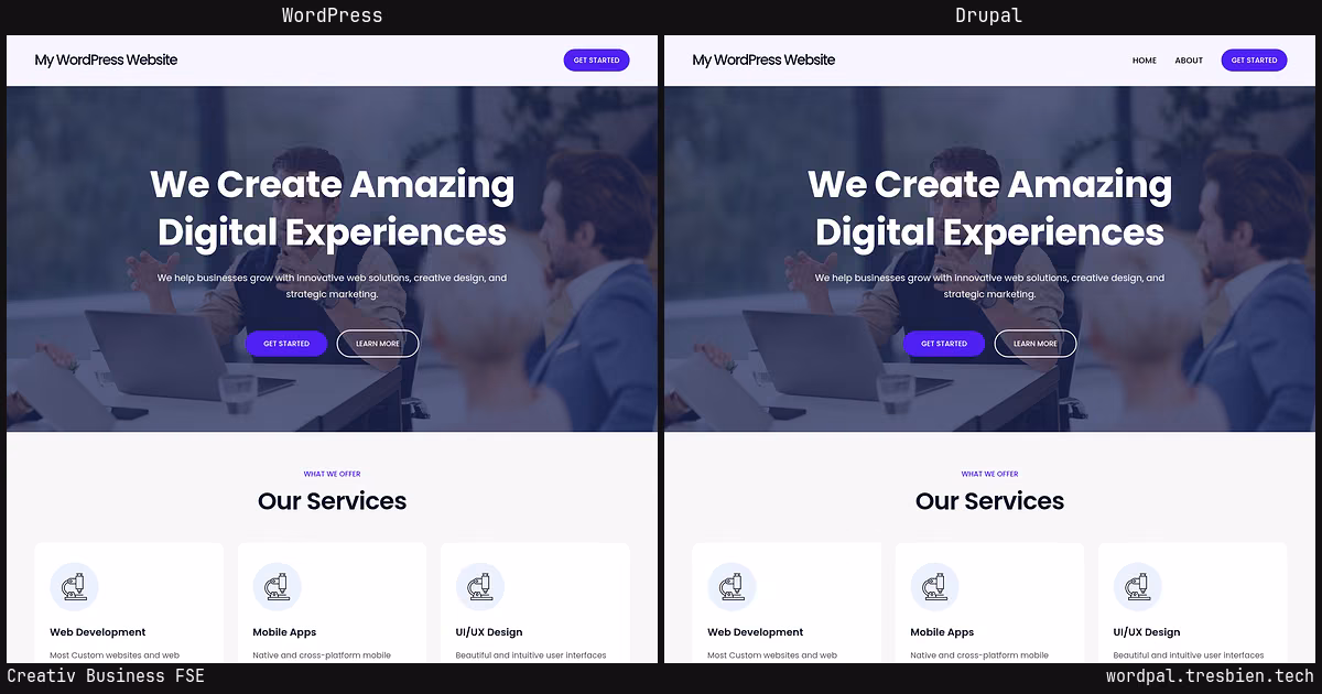 Creativ Business FSE home page: WordPress original on the left, Drupal conversion by WordPal on the right. 3 elements differ.