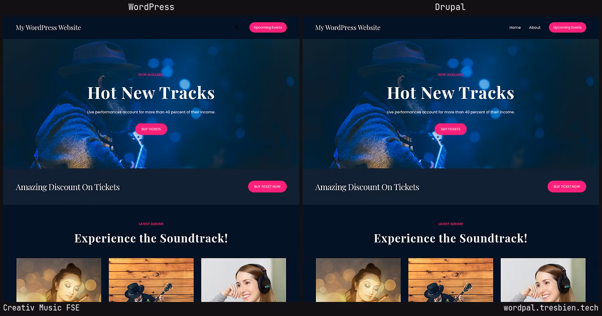 Creativ Music FSE home page: WordPress original on the left, Drupal conversion by WordPal on the right. 1 elements differ.
