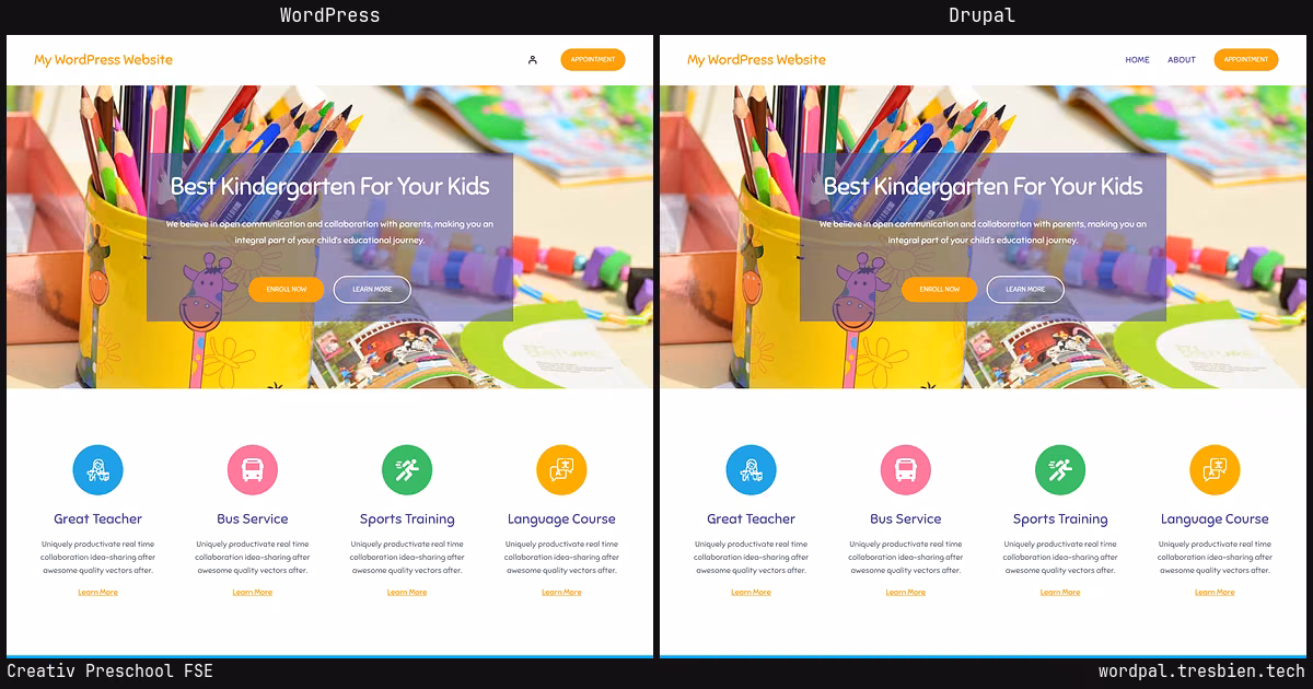 Creativ Preschool FSE home page: WordPress original on the left, Drupal conversion by WordPal on the right. 7 elements differ.