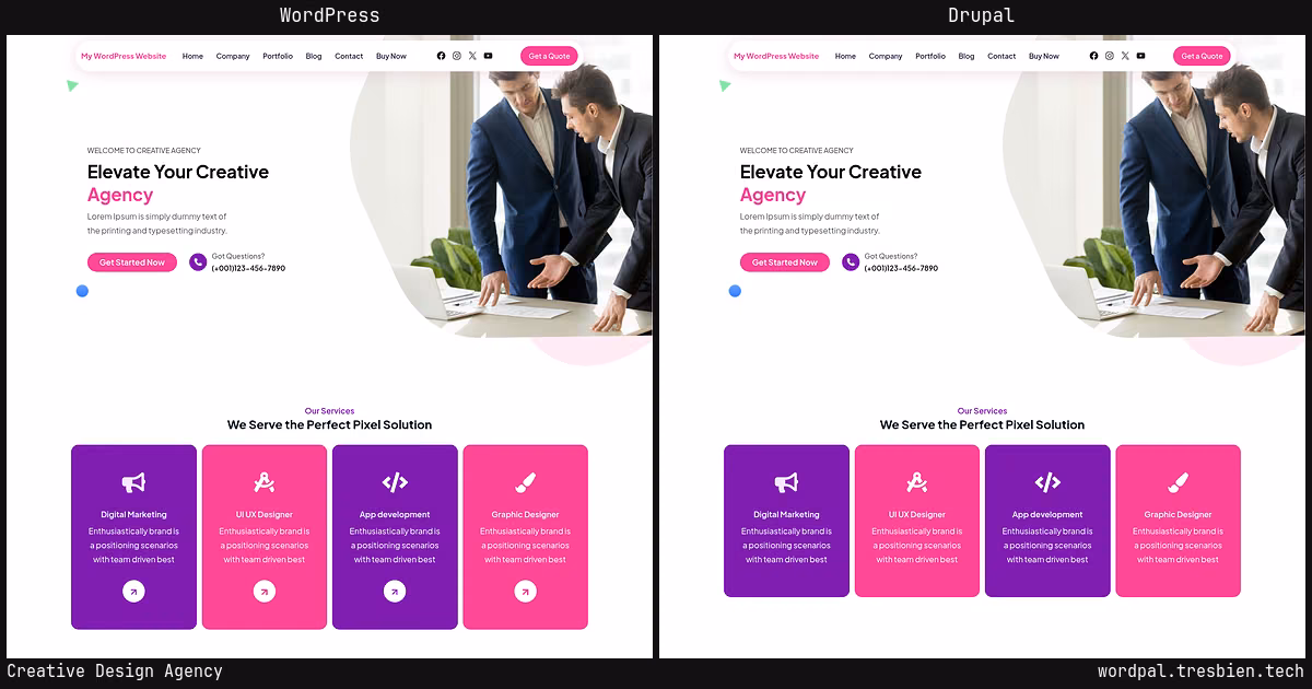 Creative Design Agency home page: WordPress original on the left, Drupal conversion by WordPal on the right. 10 elements differ.