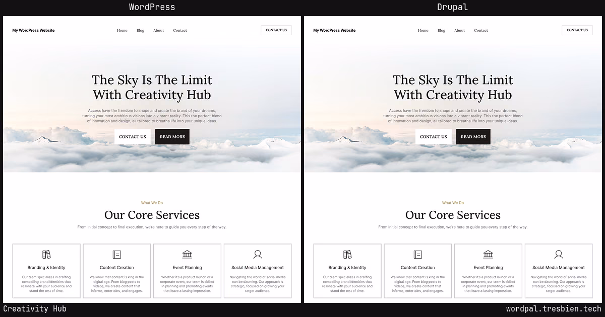 Creativity Hub home page: WordPress original on the left, Drupal conversion by WordPal on the right. 1 elements differ.