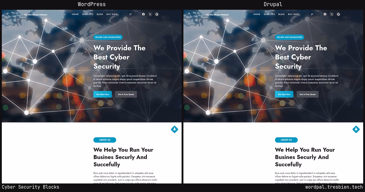 Cyber Security Blocks home page: WordPress original on the left, Drupal conversion by WordPal on the right. 10 elements differ.