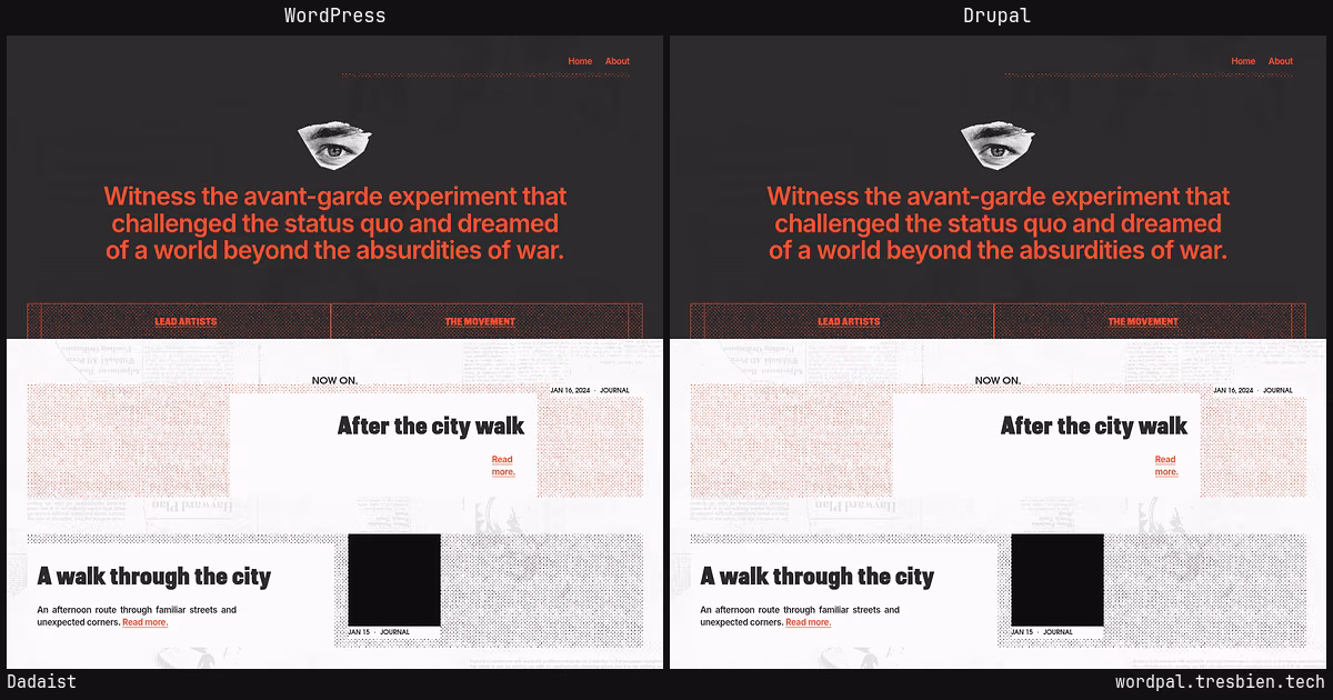 Dadaist home page: WordPress original on the left, Drupal conversion by WordPal on the right.