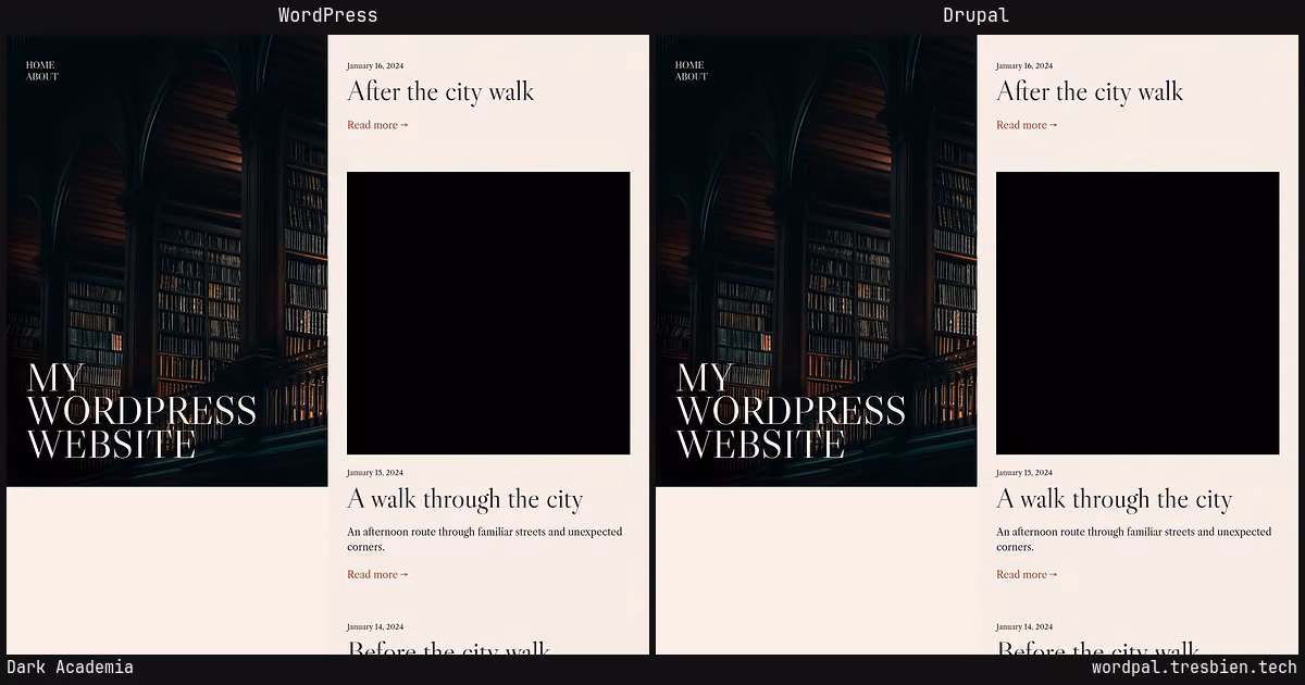 Dark Academia home page: WordPress original on the left, Drupal conversion by WordPal on the right.