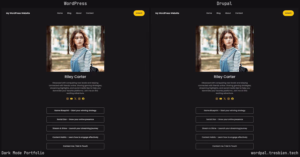 Dark Mode Portfolio home page: WordPress original on the left, Drupal conversion by WordPal on the right.