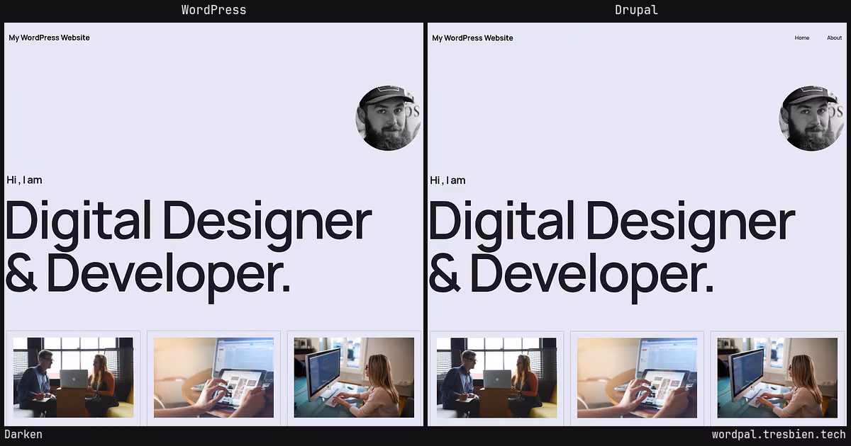 Darken home page: WordPress original on the left, Drupal conversion by WordPal on the right. 1 elements differ.