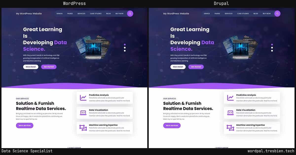 Data Science Specialist home page: WordPress original on the left, Drupal conversion by WordPal on the right. 5 elements differ.
