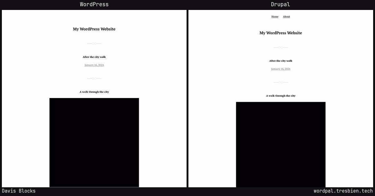 Davis Blocks home page: WordPress original on the left, Drupal conversion by WordPal on the right.