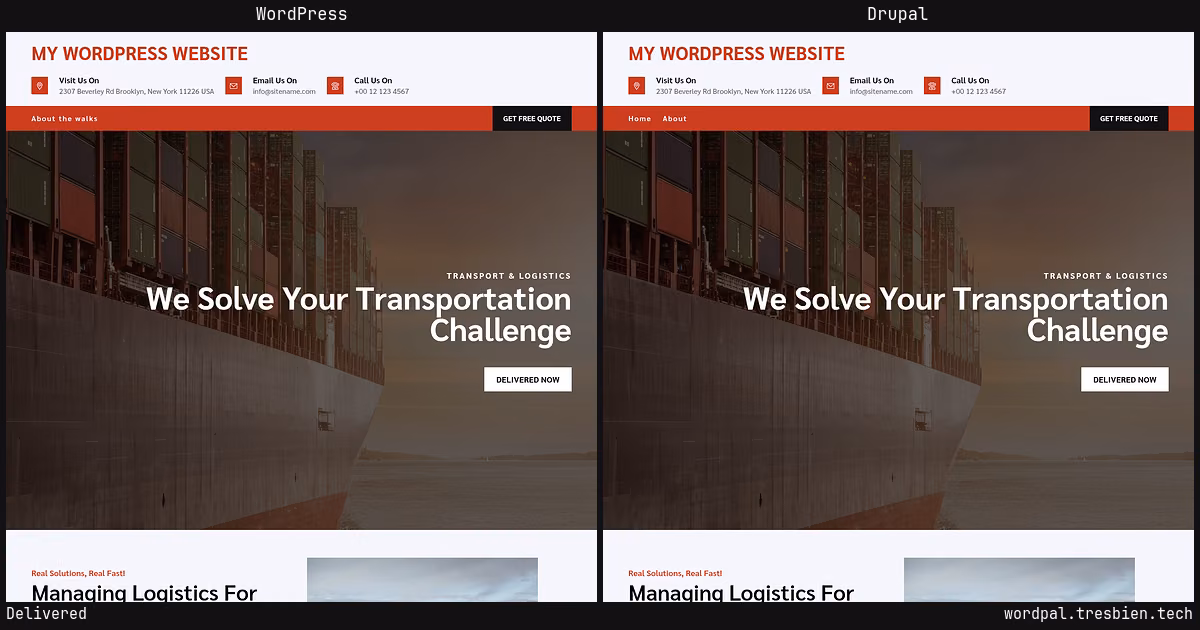 Delivered home page: WordPress original on the left, Drupal conversion by WordPal on the right. 1 elements differ.