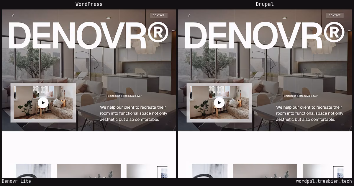 Denovr Lite home page: WordPress original on the left, Drupal conversion by WordPal on the right. 6 elements differ.