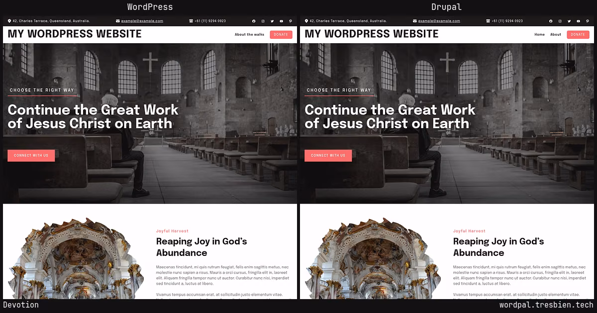 Devotion home page: WordPress original on the left, Drupal conversion by WordPal on the right. 8 elements differ.